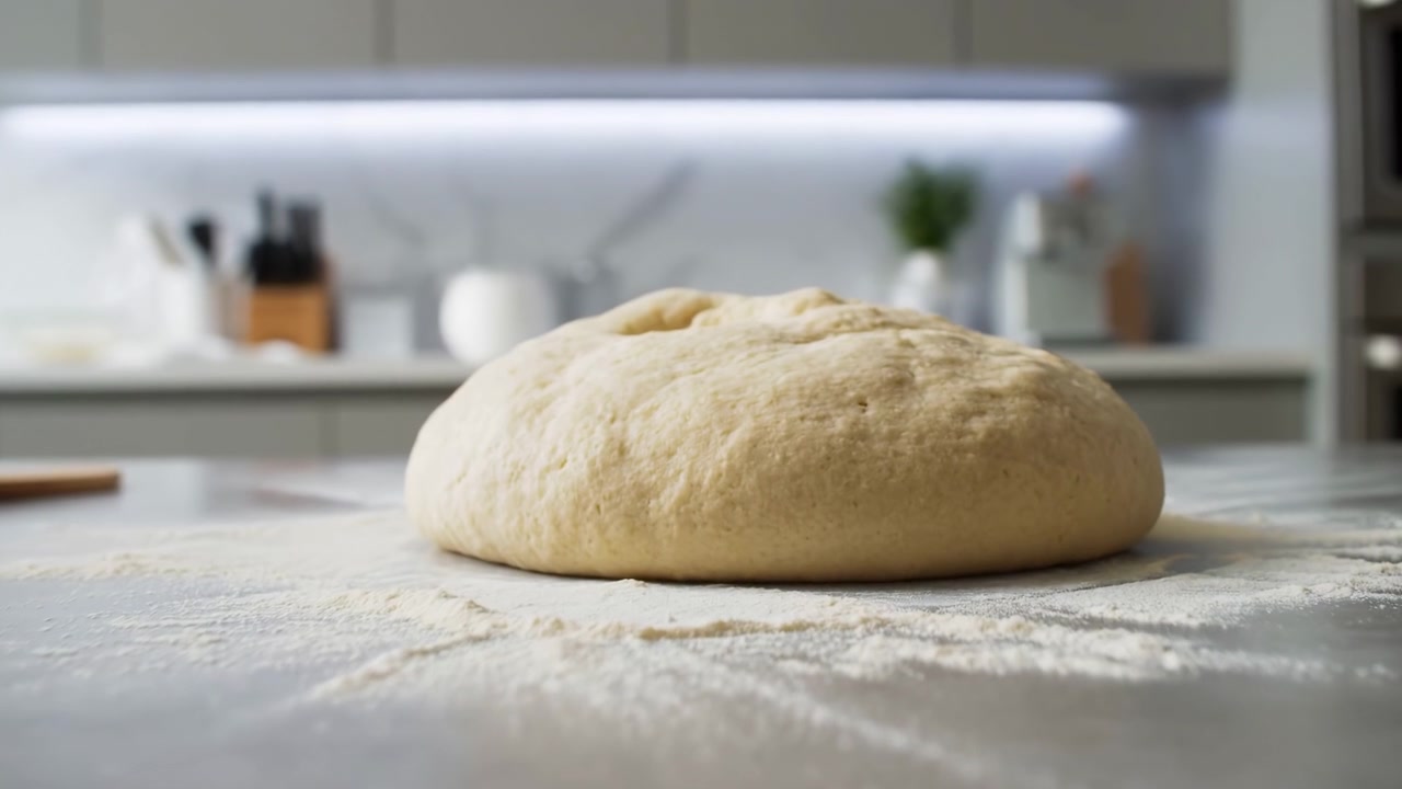 Flour-dusted dough becomes broader and more inflated across the sequence, centered on a kitchen worktop with textured surface in focus and softly blurred utensils and cabinets behind.