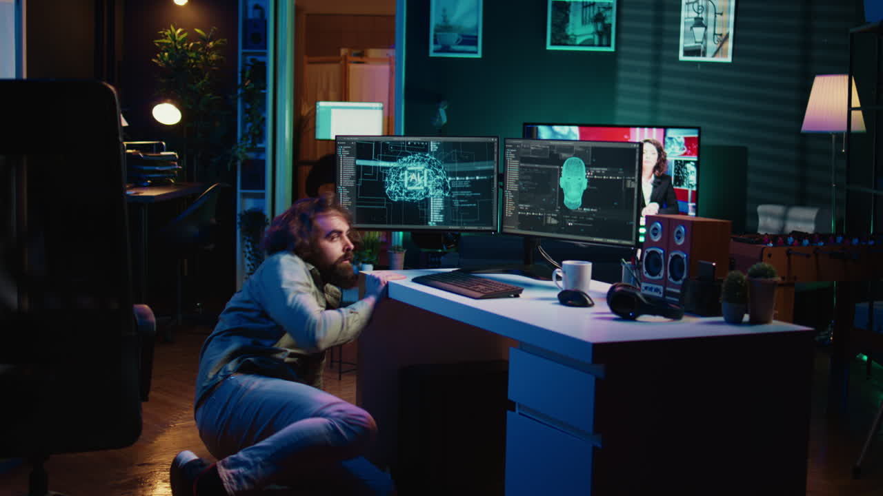 Shocked man falls from chair in disbelief after awakening AI using VR technology