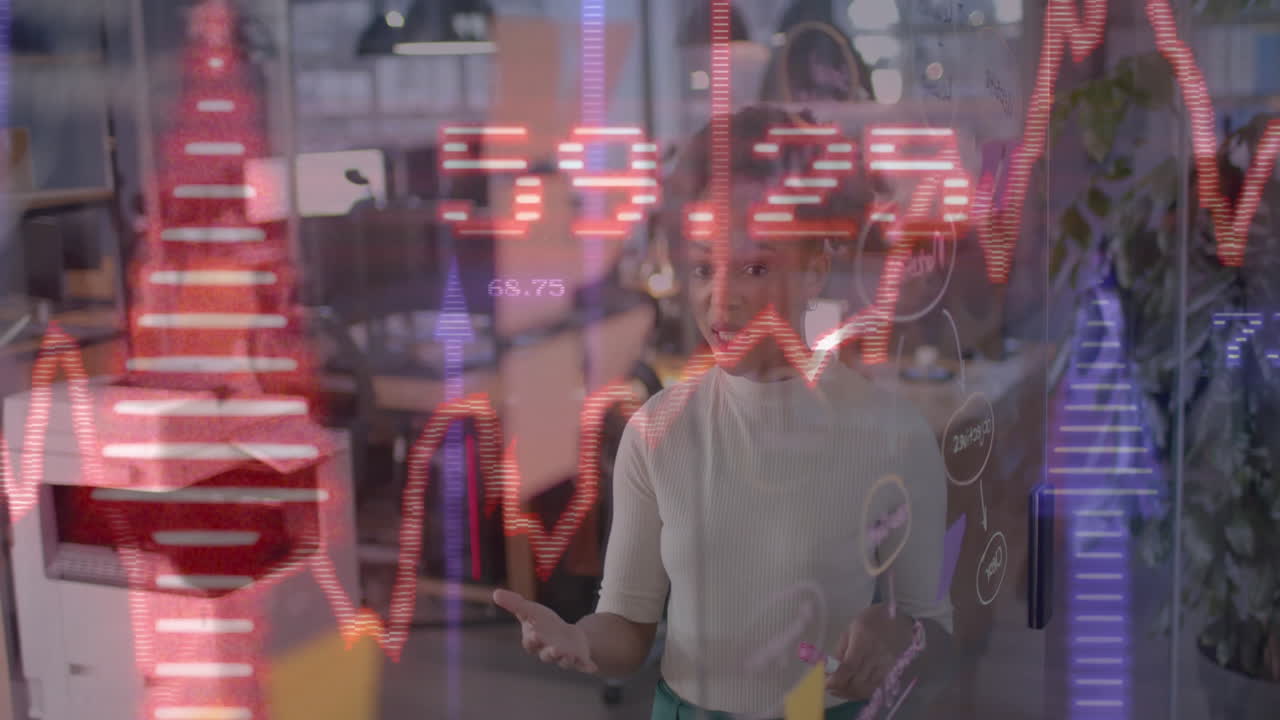 animación de gráfico brillante sobre mujer de negocios afroamericana hablando en una reunión casual de la oficina