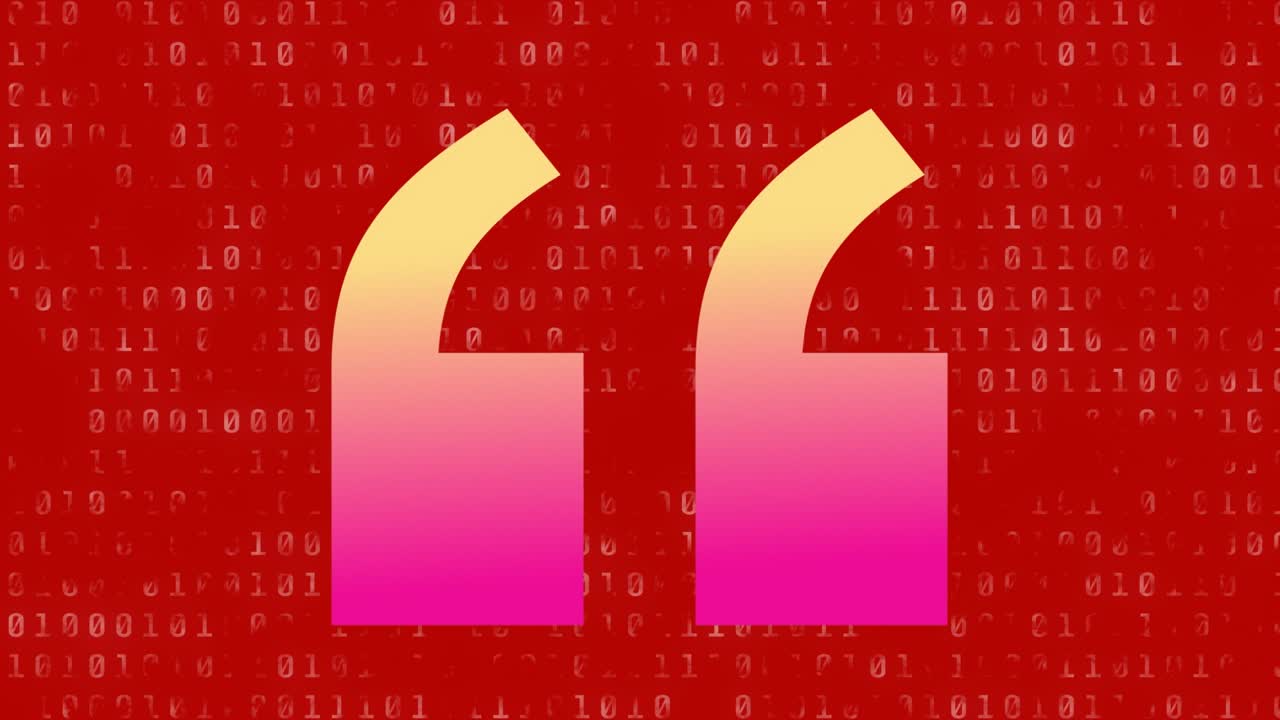 Animation of gradient quotation marks symbol over binary coding data processing on red background