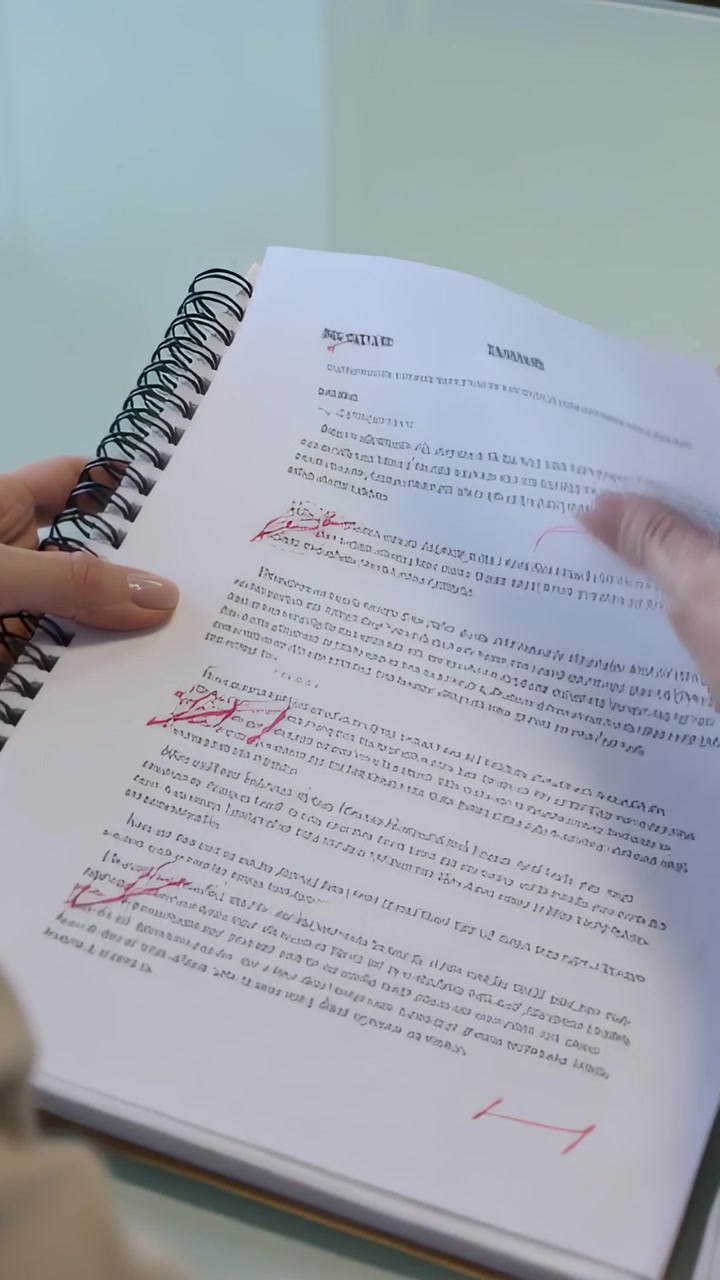 Video verticale: Mano sospesa che sfoglia pagine, manica color cuoio che tiene una spirale su una scrivania di vetro, controlla le modifiche.