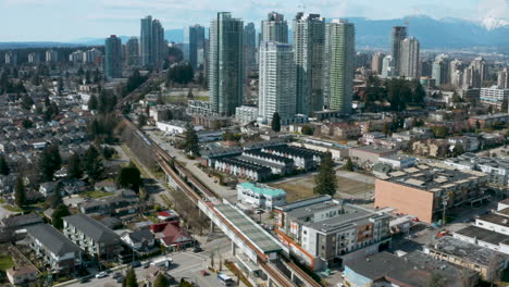 Scenic-aerial-view-over-downtown-Burnaby-at-Metrotown,-British-Columbia