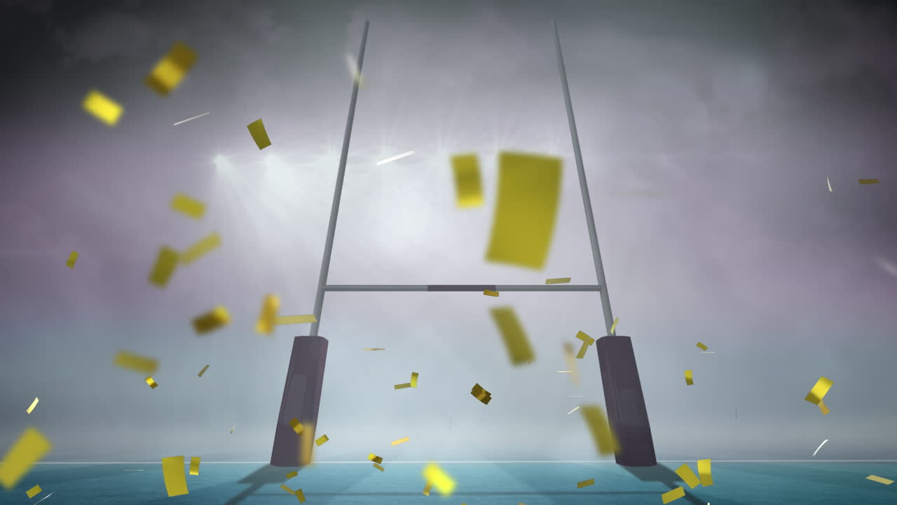 animación de confeti de oro cayendo sobre el campo de rugby estadio deportivo