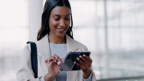 Walking,-business-and-Indian-woman-with-phone