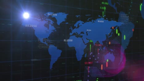 animation of bright light spot and financial data processing against world map on black background