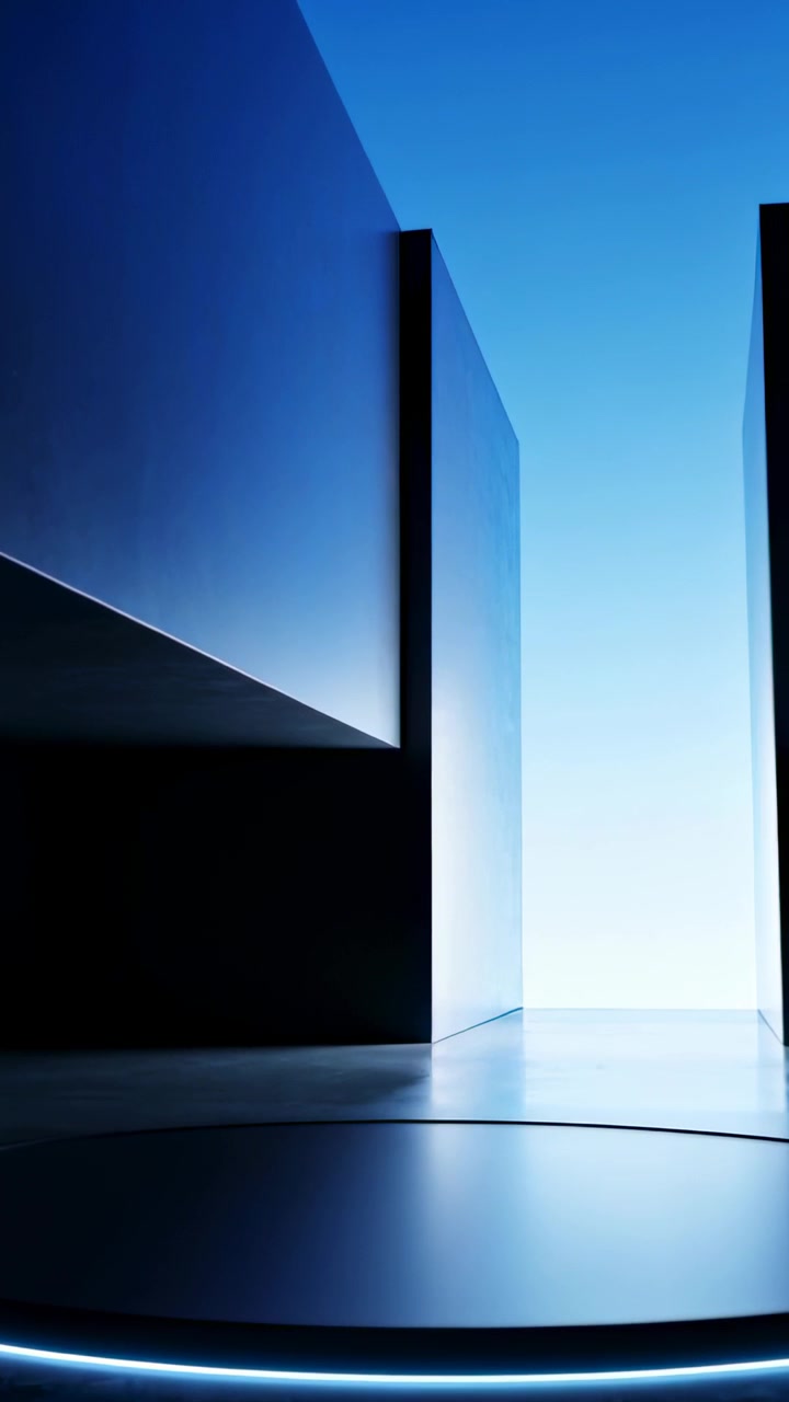 Vertical video: Light pulsing, glossy pedestal gleaming blue rim on studio stage for product reveal