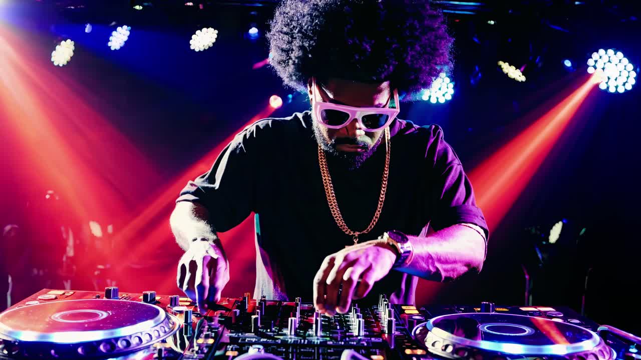Un DJ mixa tracce in un vivace ambiente da club, ripreso dal basso