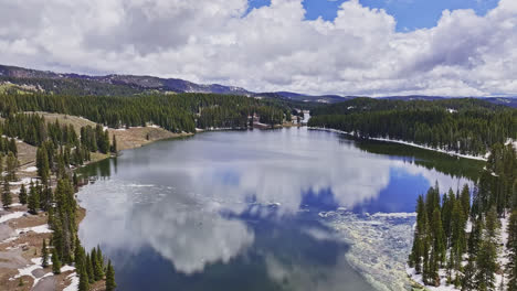 Drone-flyover-of-icy-lake-at-the-Grand-Mesa-summit-in-Colorado