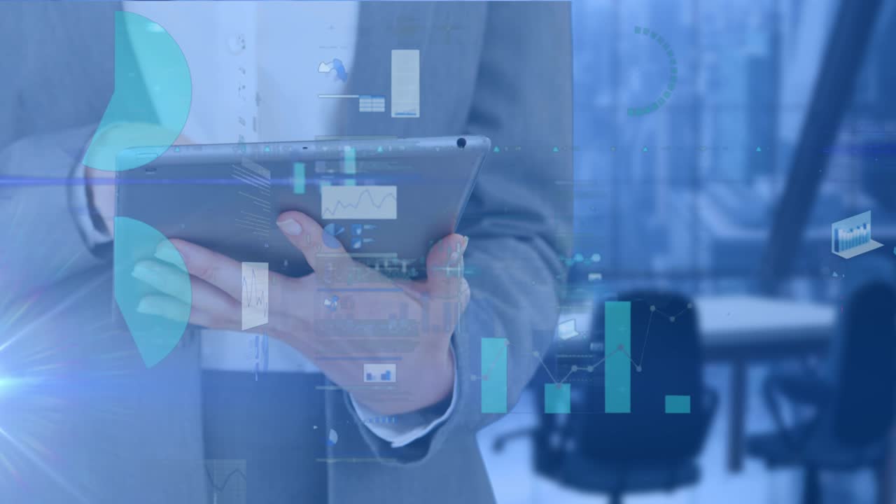 Animation of data processing over businessman using tablet