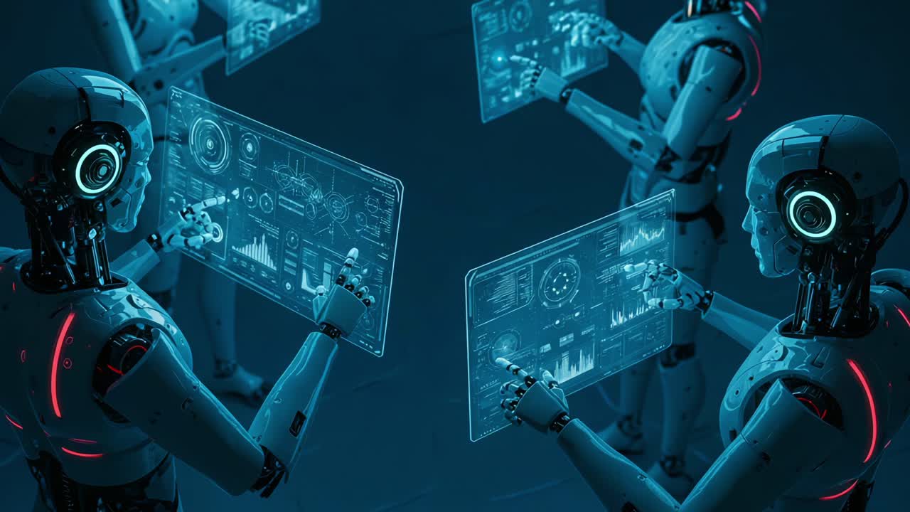 Futuristic Robots Interacting with Holographic Displays: An Exploration of Technology, Data Analytics, and Artificial Intelligence in a High-Tech Environment
