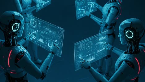 futuristic robots interacting with holographic displays: an exploration of technology, data analytics, and artificial intelligence in a high-tech environment