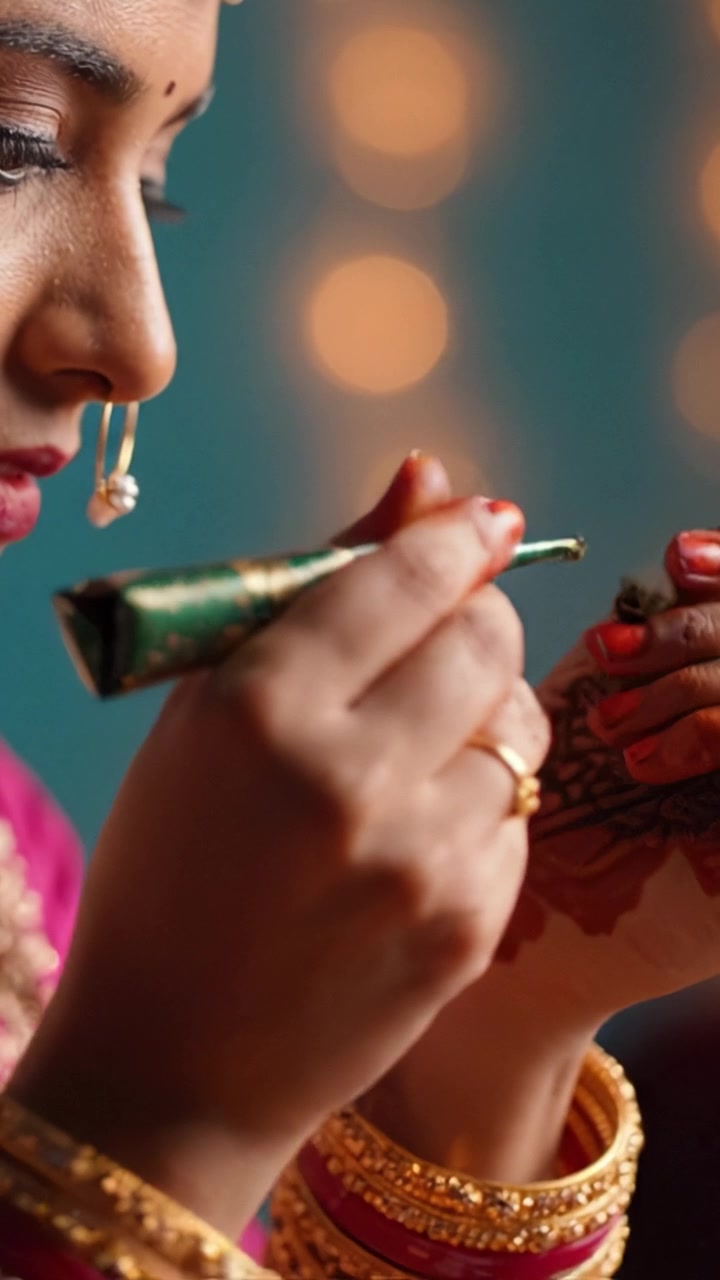 A meticulous close-up of a woman applying intricate mehndi with precision, showcasing artistry and elegance during a traditional celebration or ceremony.
