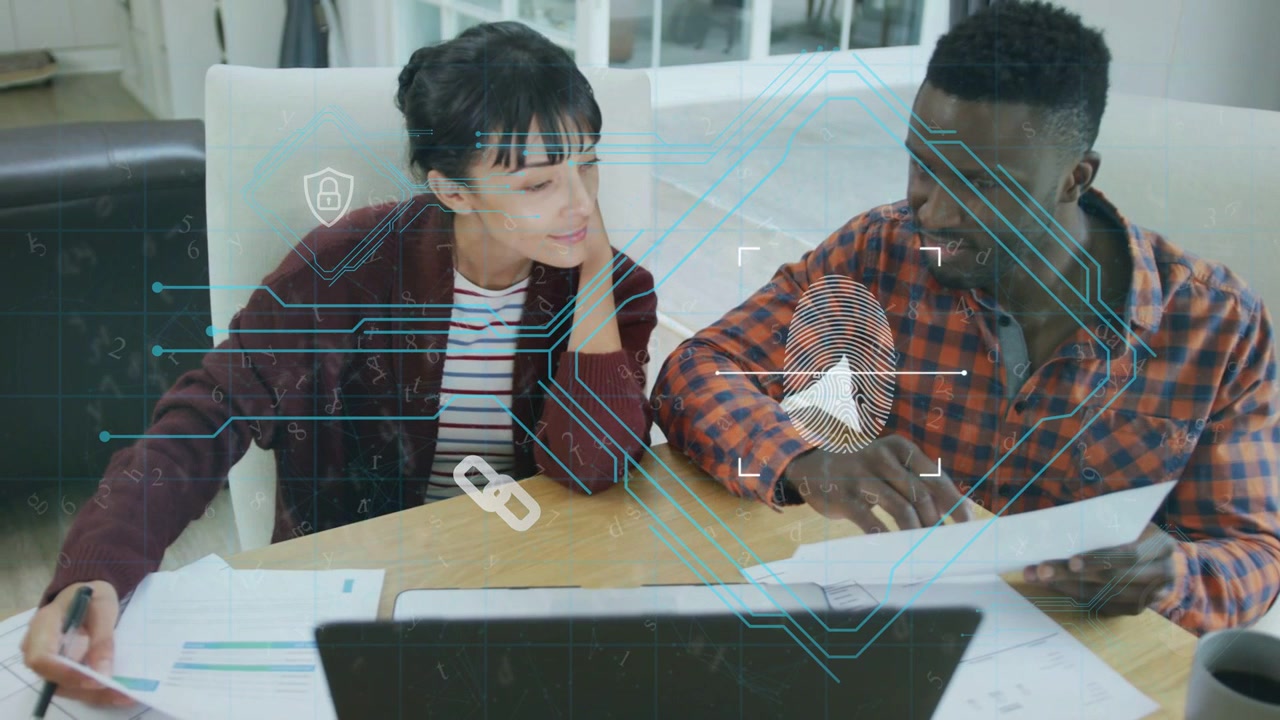 Couple reviewing docs, laptop while HUD rising, mapping arm, fingerprint pulsing for finance check