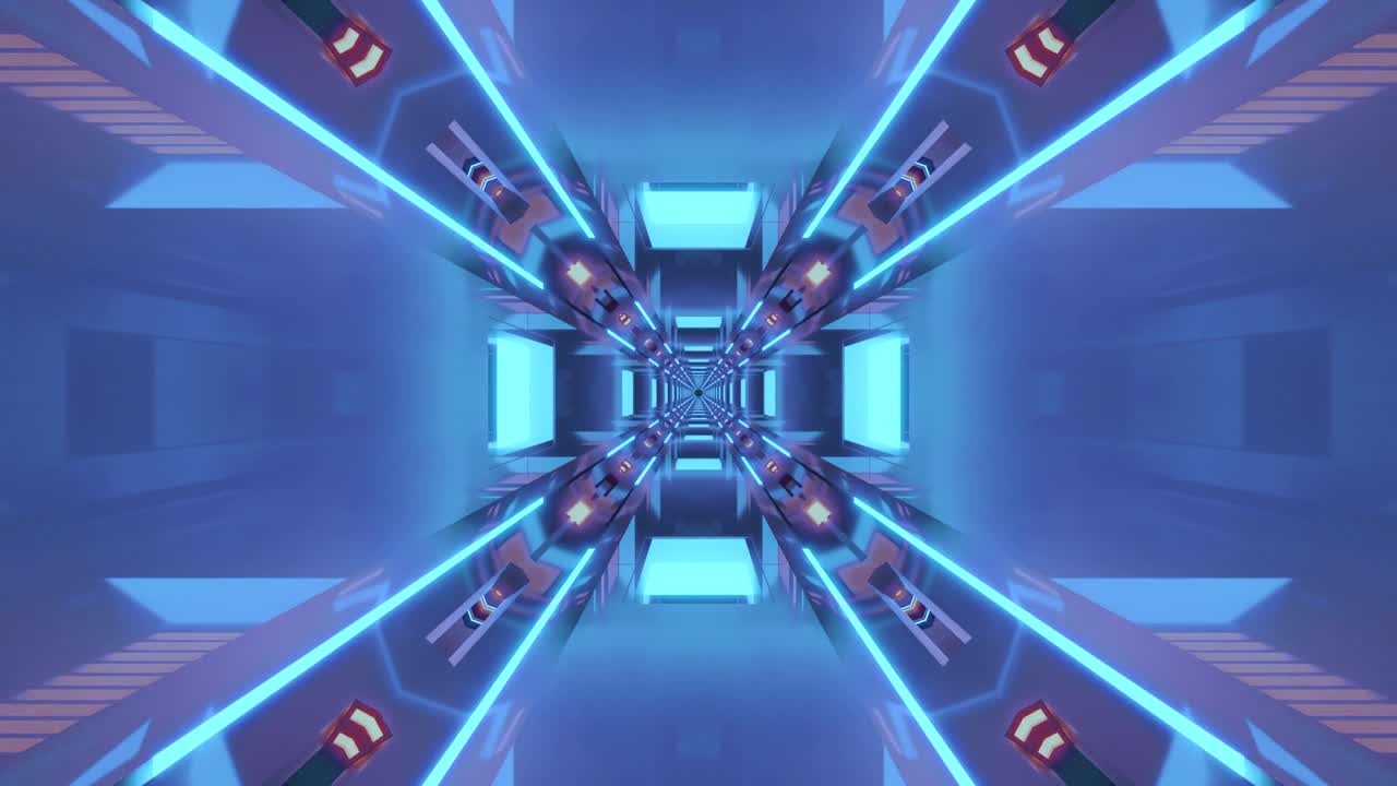A visually striking tunnel animation with vivid lights and geometric shapes creates an immersive experience. This seamless loop captivates viewers with its rhythmic motion and modern design