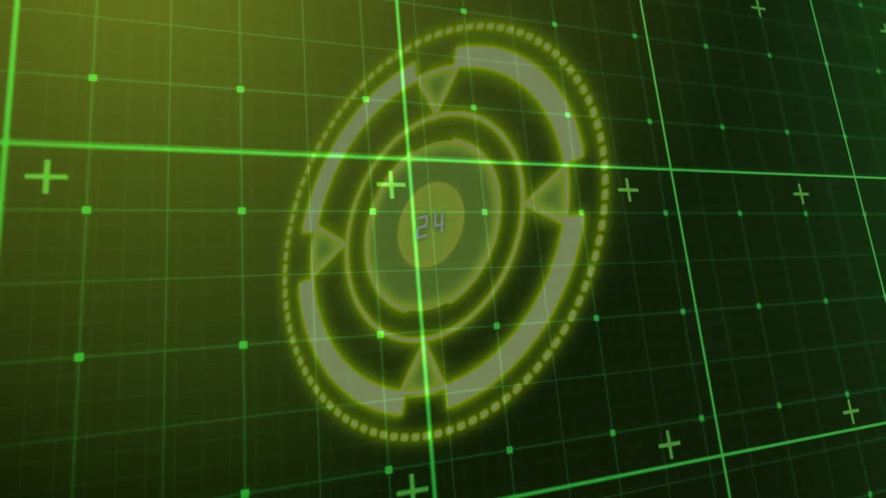 Animation of futuristic interface with rotating circular elements and grid lines