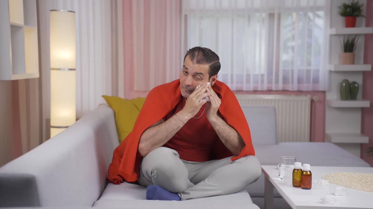 un hombre enfermo con los ojos llorosos.