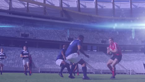 Animation-of-glowing-lights-over-diverse-rugby-players-in-sports-stadium