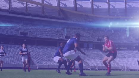 animación de luces brillantes sobre diversos jugadores de rugby en un estadio deportivo