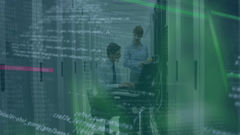 Animation of data processing over diverse business people in server room