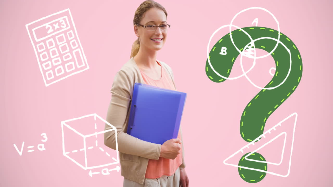 múltiples iconos de concepto escolar contra el símbolo del signo de interrogación y la maestra caucásica