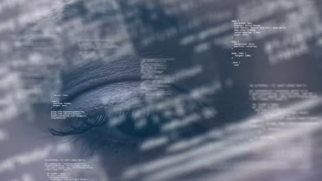 Animation-of-data-processing-over-close-up-of-woman's-eye