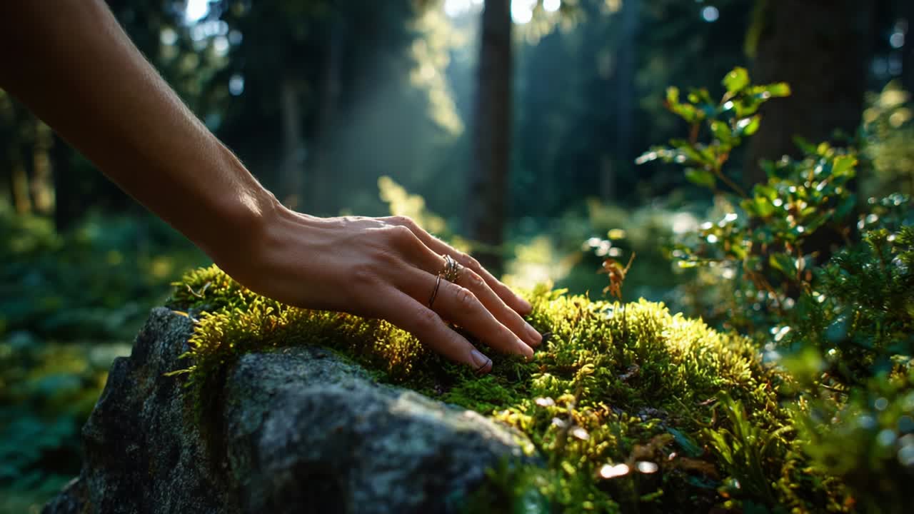 A Gentle Touch in Nature: Exploring the Tranquility and Beauty of a Sun-Drenched Forest with a Hand Reaching for Vibrant Moss on a Lush Rock Surface, Reflecting the Connection Between Humans and Nature
