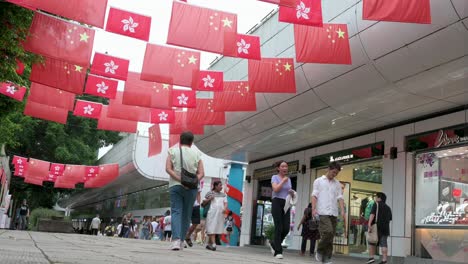 hong kong street scene with chinese and hong kong flags
