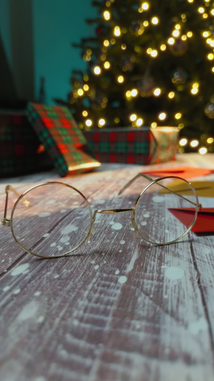 Santa Claus glasses on a wooden table at Christmas