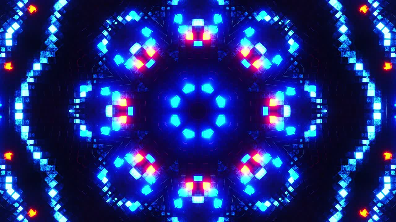 Pola abstrak warna-warni dengan cahaya biru dan merah. VJ loop kaleidoskop
