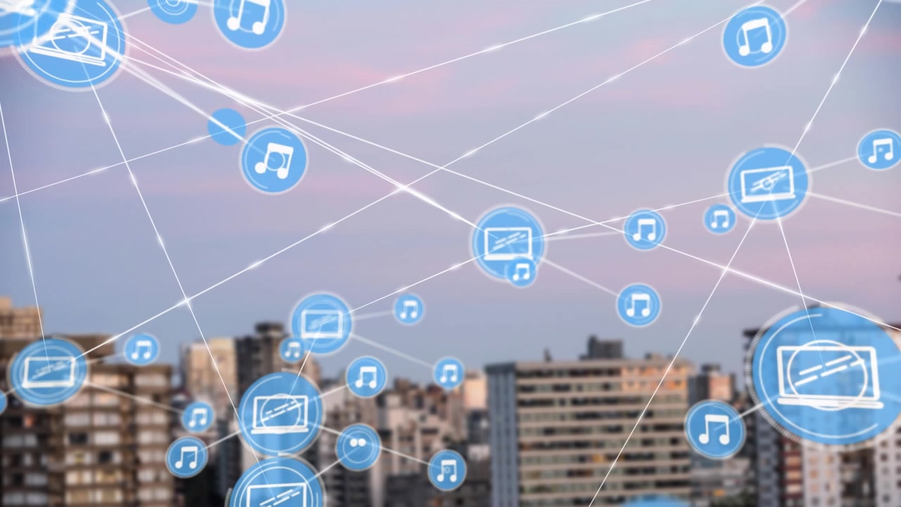 Animación de red de iconos digitales sobre una vista aérea de edificios altos