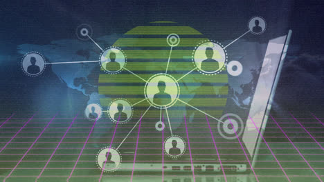 animación de la red de conexiones con las personas iconos sobre el portátil y el mapa del mundo