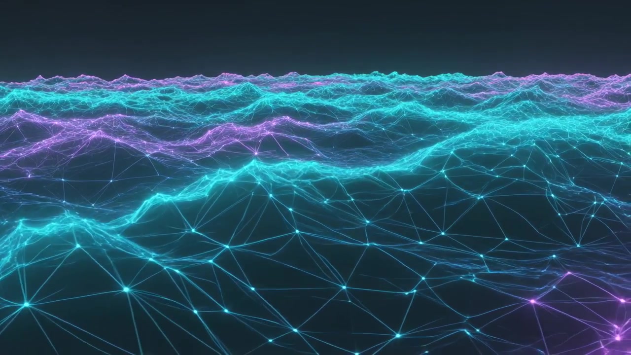 Play starting, glowing net rippling over dark sky, nodes pulsing, magenta drifting, showing energy