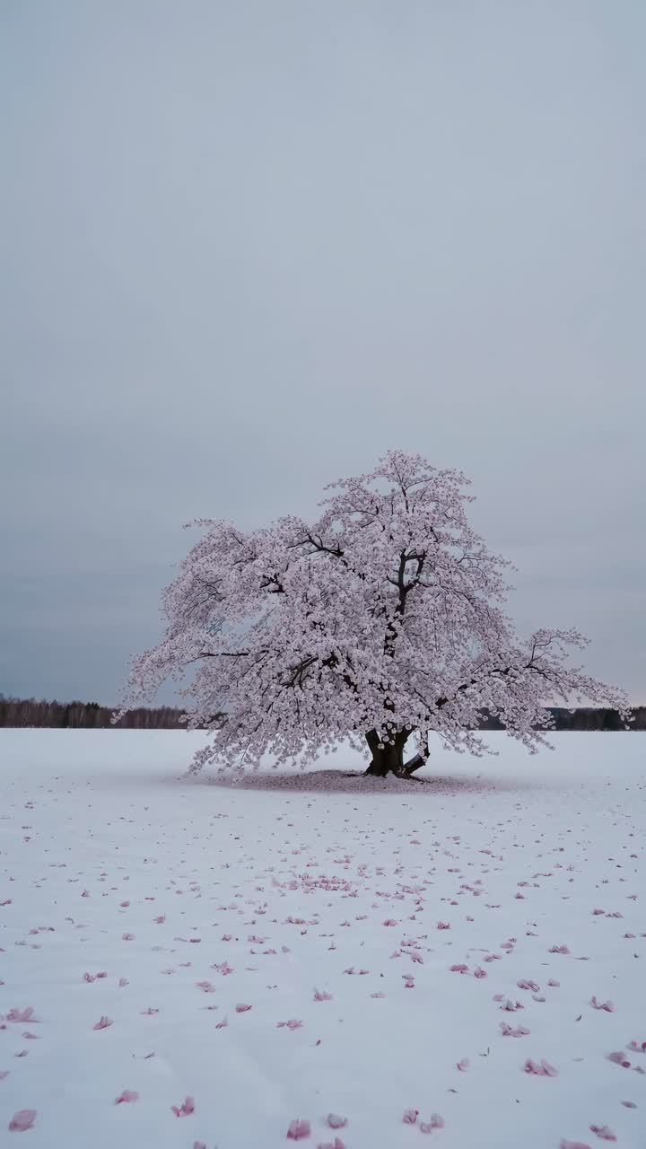 A wide-angle video shot captures a solitary cherry blossom tree in a snowy field, blending serene