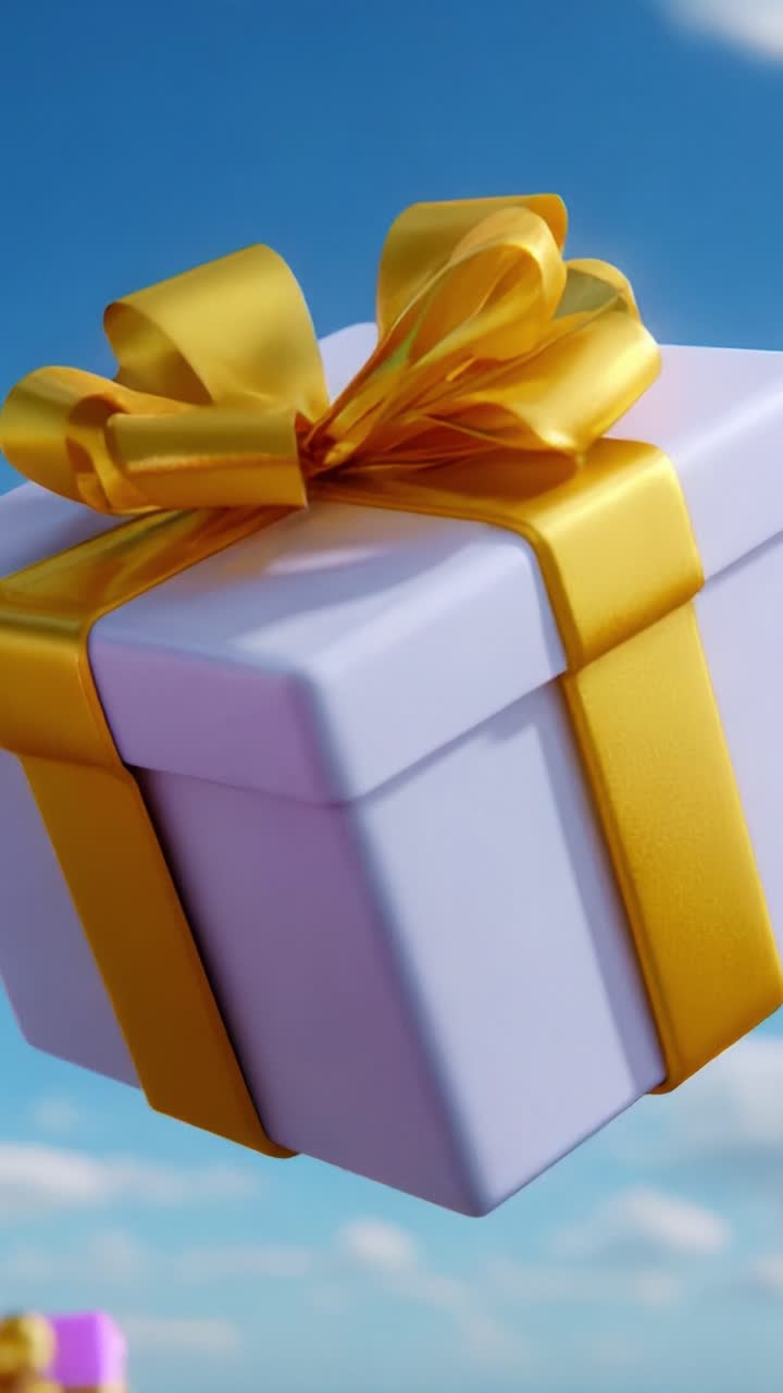 A Beautifully Wrapped Purple Gift Box with a Golden Bow Floating Against a Bright Blue Sky, Symbolizing Celebration, Joy, and Generosity, Perfect for Special Occasions and Moments of Giving