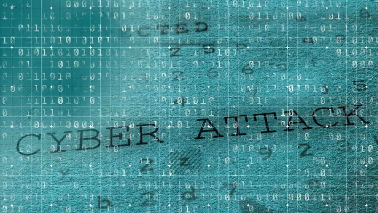 Animation of cyber attack text and data processing on blue background