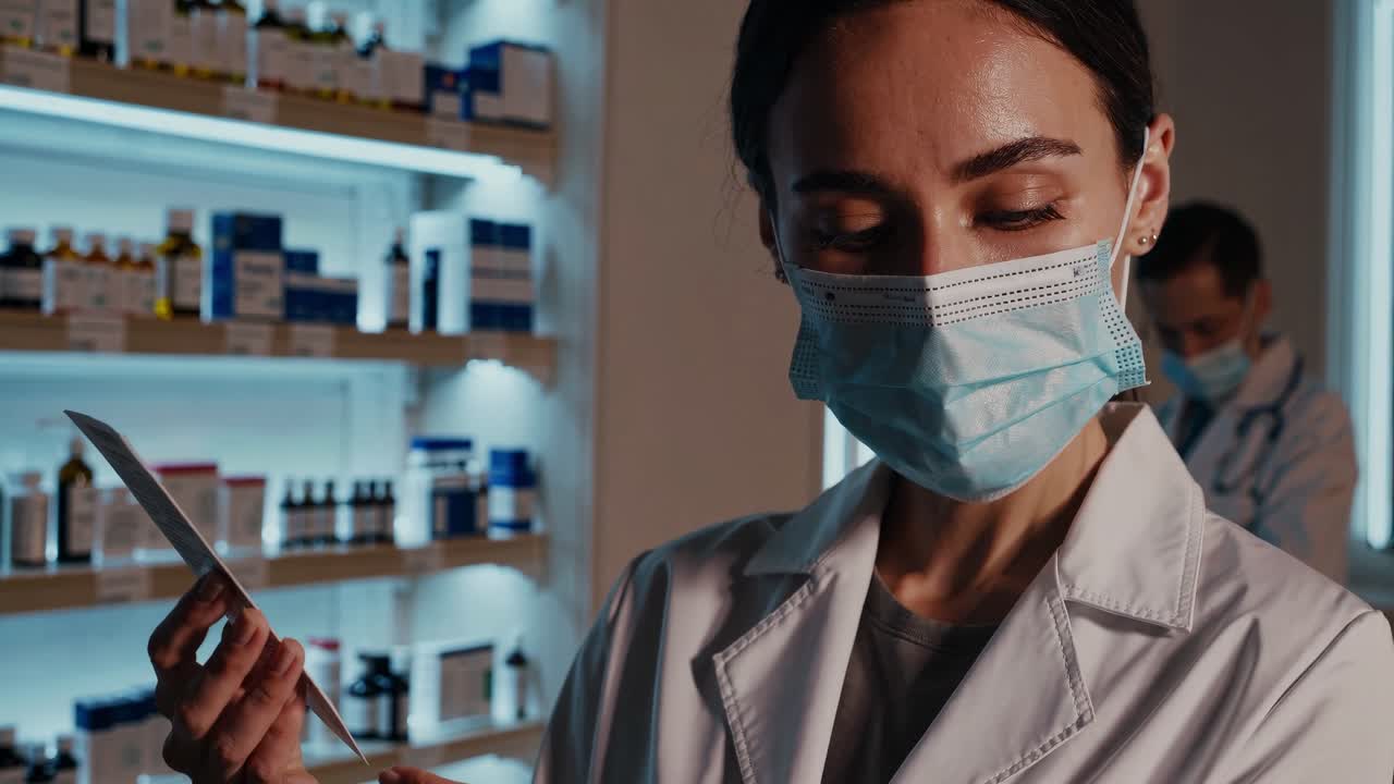 Female pharmacist wearing protective surgical mask carefully reading medical leaflet, analyzing drug information with concentrated focus while male colleague works in pharmacy background