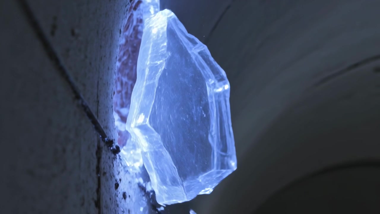 Pivoting blue block pulling from wall seam as seam light appearing in dim corridor, shedding chips