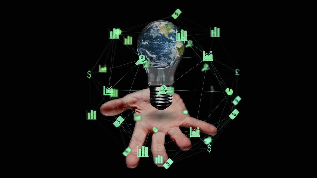 Data nodes pulsing into view, palm supporting bulb with Earth, icons orbiting data showcasing flow