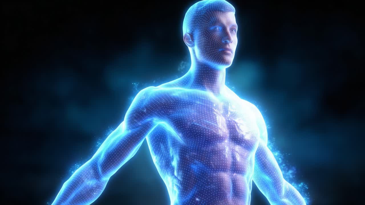 A stunning visualization of a human figure illuminated by cosmic energy, showcasing the ethereal glow and intricate details of the digital representation in a dark background