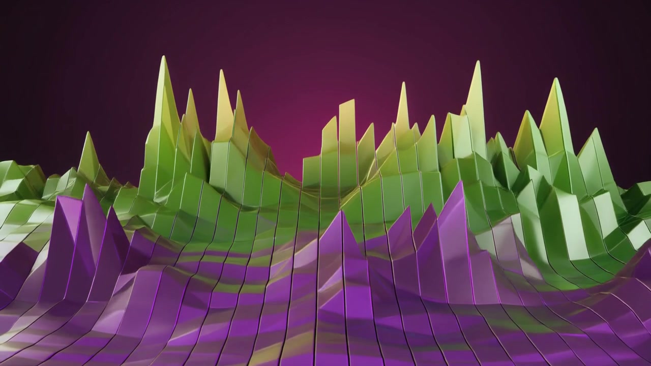 Abstract 3D Geometric Landscape with Moving Green and Purple Waves