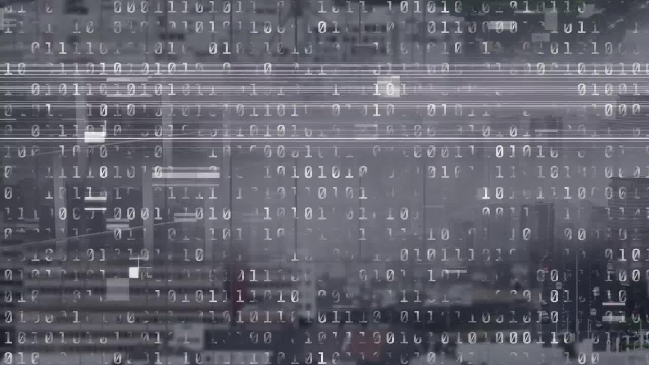 Animation of binary coding over cityscape