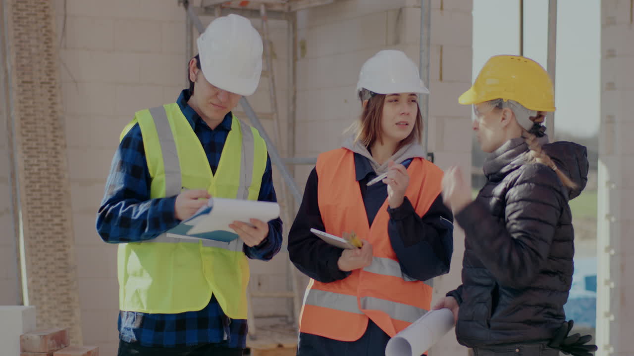 Young male and female coworkers discussing over building plan with engineer standing together at construction site