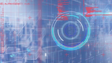 Animation-of-data-processing-over-grid-network-and-neon-round-scanner-against-blue-background