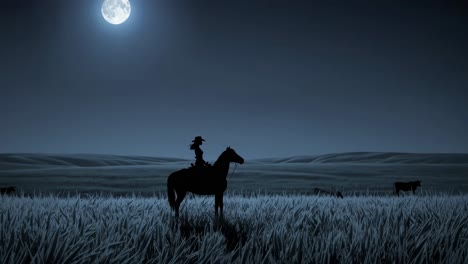 cowgirl and cattle at night