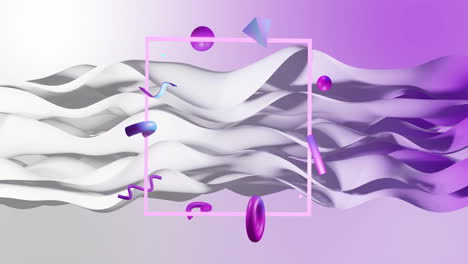 animation of neon frame and abstract shapes moving over waving layers background