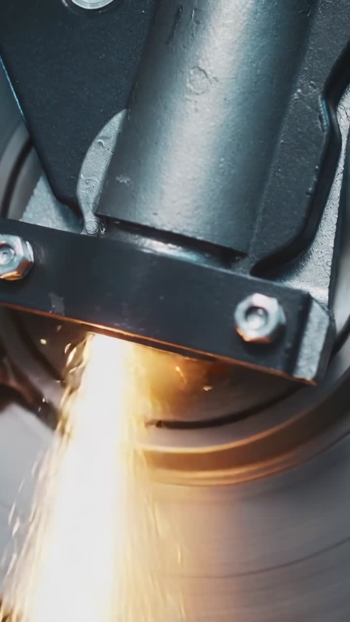 Vertical video: Grinding spinning disc and head touching metal, sparking and removing metal in shop