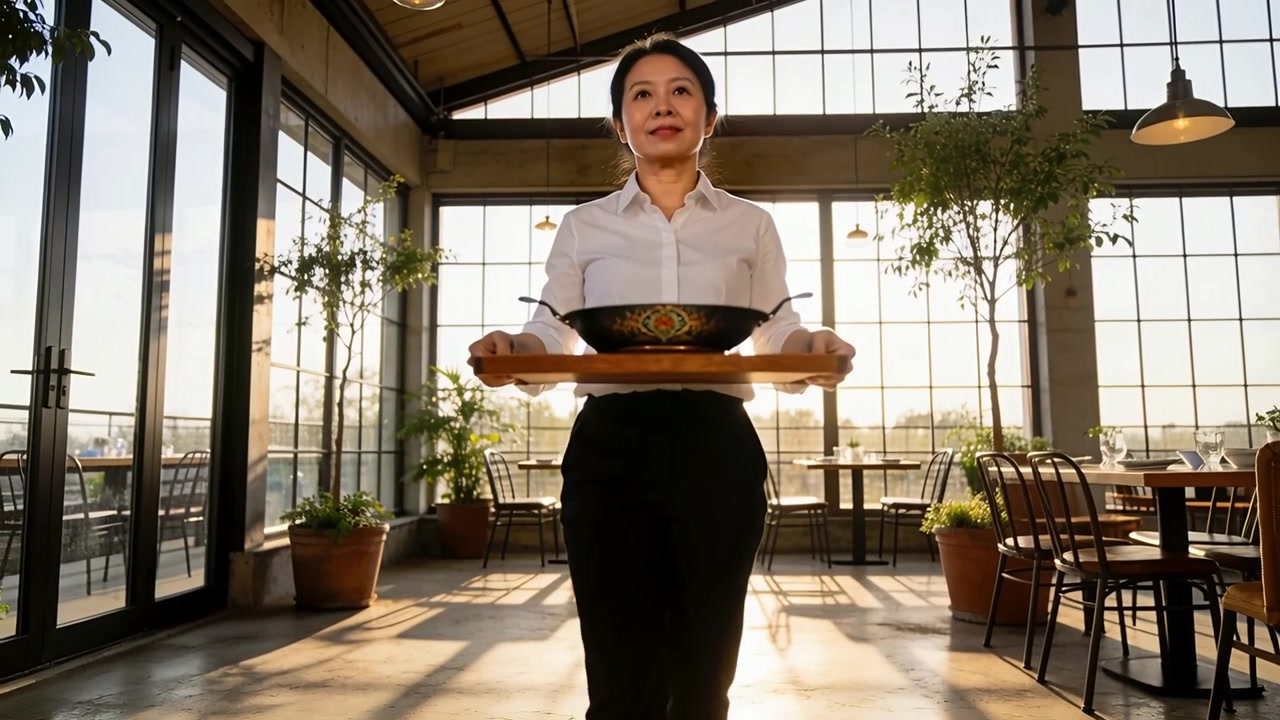 Walking server in white shirt after picking wooden tray carrying metal pan to table at restaurant