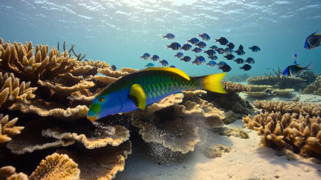 Pesce pappagallo che si muove a destra, raschiando coralli a piastra e nutrendosi sulla barriera corallina, rilasciando una nuvola, con un banco di pesci blu al seguito.