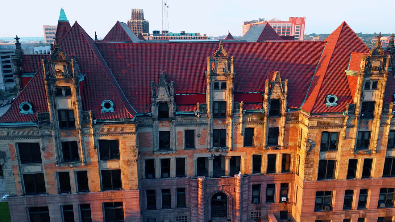 Footage at the red roof of St. Louise City hall in Missouri, USA. Beautiful building of Mayor Seat from drone