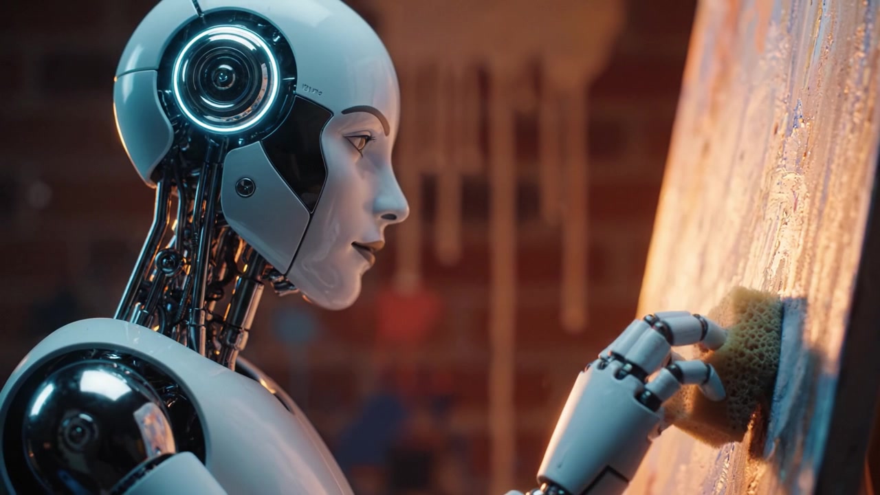 Un robot artista futuristico pulisce meticolosamente la tela, mettendo in mostra tecnologia avanzata e creatività in un coinvolgente processo artistico ricco di colori vivaci.